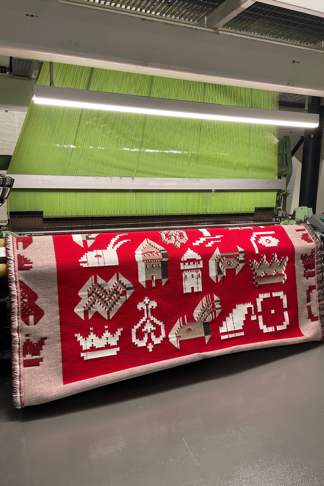 LED screen and textile weaving shown side by side.